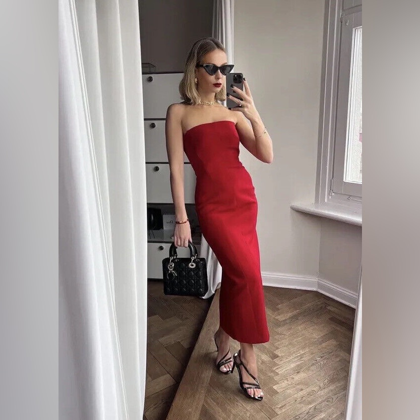 Zara Red Midi Sheath Dress Strapless 2654/465 Size Medium